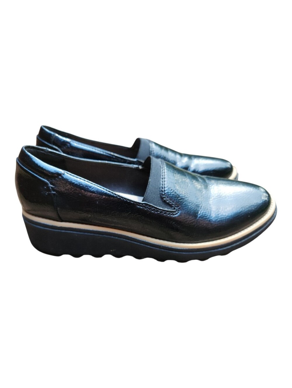 Clarks Sharon Dolly‎ Black Patent Chunky Platform Loafers7M Minimalist Comfort